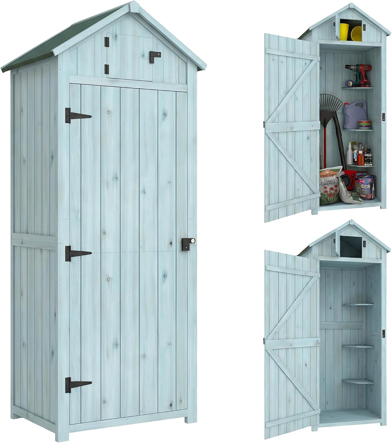 Outsunny Gartenschrank Holz, Gesamtmaße: 77L x 54, 2B x 179H cm, Geräteschuppen wetterfest 77 × 54, 2 × 179 cm, Satteldach, Geräteschuppen Gerätehaus
