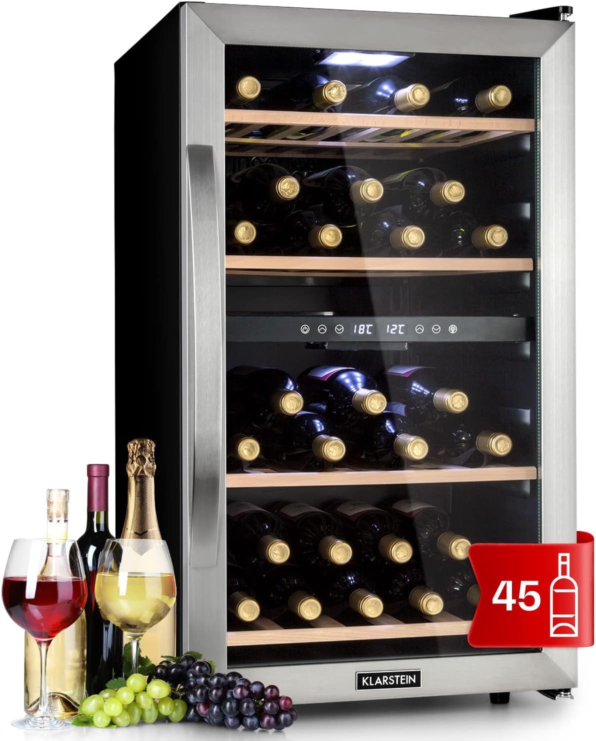 Klarstein Weinkühlschrank, Edelstahl-Kühlschrank, Getränkekühlschrank, 5 °C, 20 °C, Glastür, Rot