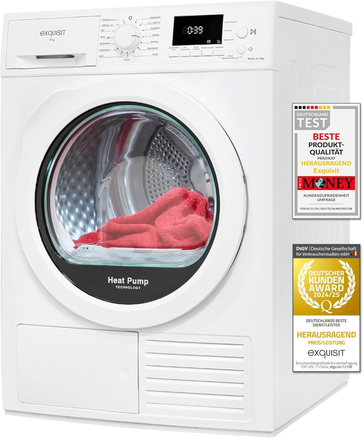Exquisit Wärmepumpentrockner 9 kg - leise Trocknung mit Knitterschutz, 0–24 Stunden, 1,74 kWh, 65 dB, 120 cm, 128 kWh, LED, Weiß