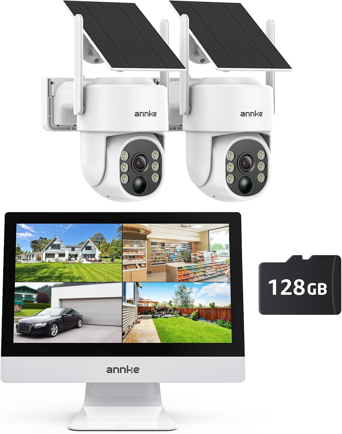 ANNKE 4MP Überwachungskamera Set Aussen WLAN mit 12''Monitor, Funk-Kamera, Panoramakamera, Outdoor, 9000 mAh, Bluetooth, Schwarz