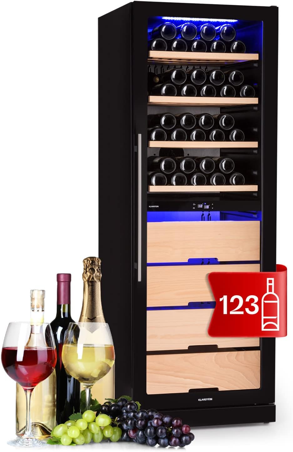 Klarstein Weinkühlschrank, Getränkekühlschrank, 5 °C, 18 °C, Glastür, Rot, Soft-Touch