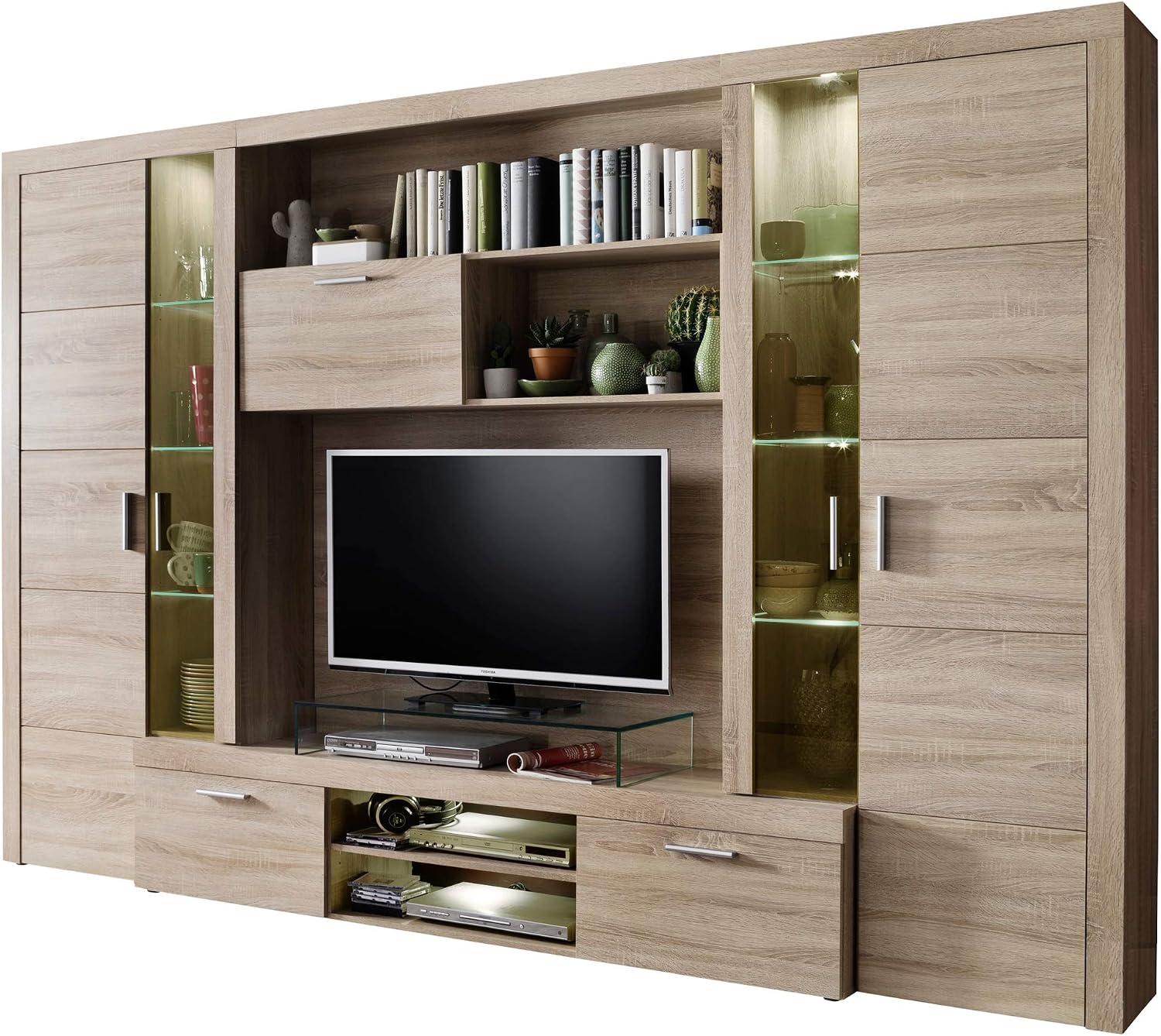 Trendteam smart living - Mondeo - Wohnwand - Eiche - Anbauwand mit 4 Türen, LED-Beleuchtung