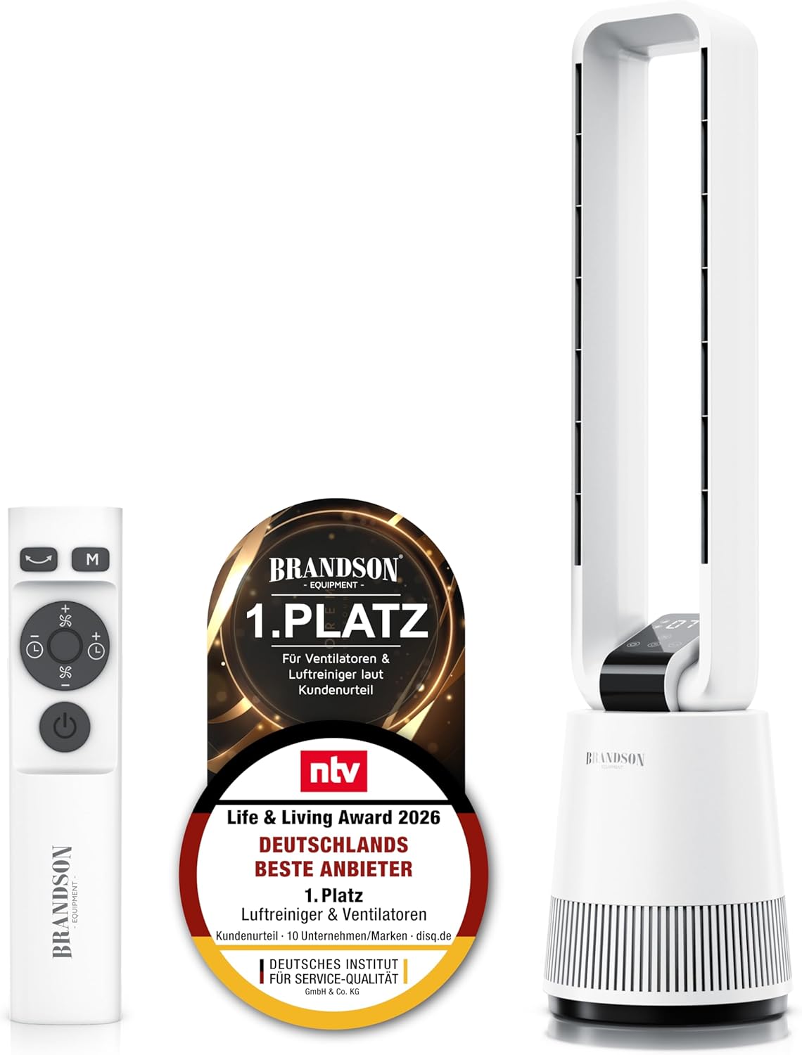 Brandson - Turmventilator DC ECO Line - DC Motor sehr leise - Sleep-Modus, Automatisch, Schlafzimmer, 1–15 Stunden, 220–240 V, 50 W, 1,5 V, 97 cm