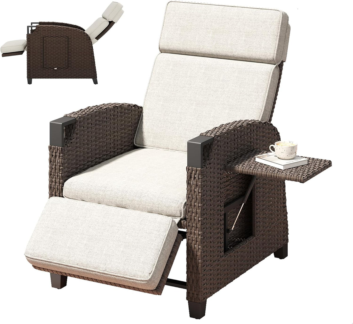 Liege Relax Liegesessel Amopatio, Beige Sitzkissen & Dunkelbraun Rattan, Rattan Sonnenliege mit Verstellbar Rückenlehne und Klapptisch, Polyrattan