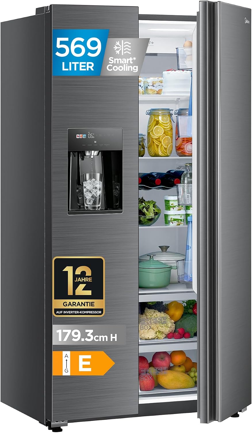 Midea Side-by-Side Kühl-Gefrierkombination 569 l, Kühlschrank, Gefrierschrank, 372 l, 197 l