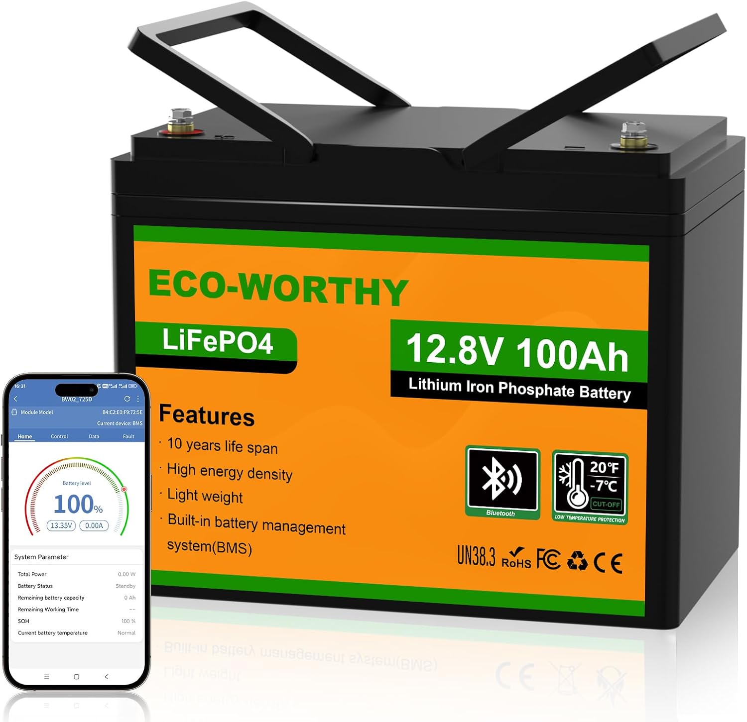 ECO-WORTHY LiFePO4 100 Ah Bluetooth, Autobatterie, 0 °C, 12 V, 10.5 KG, 214 mm