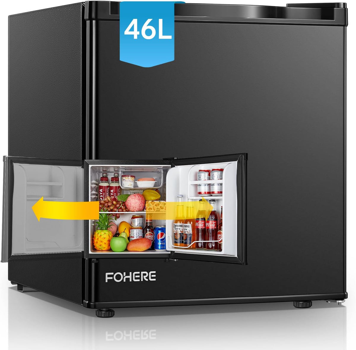 FOHERE Mini Kühlschrank 46 l mit Eisfach, Getränkekühlschrank, 0,22 kWh, 42 dB, 51 cm, 10 l