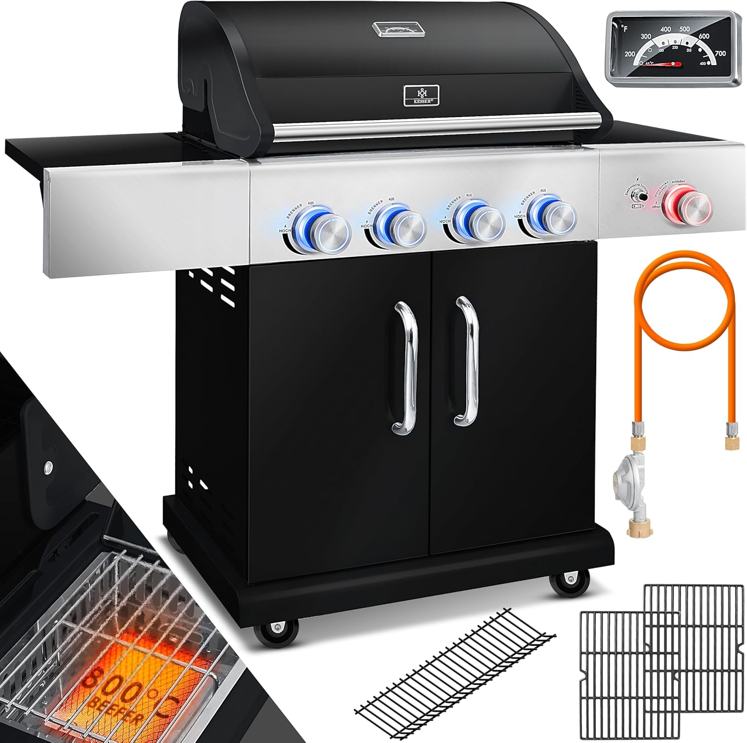 KESSER Gasgrill mit 4 Brenner + 1x Infrarot Keramik Seitenbrenner & Piezo-Zündung, Gartengrill, Unterschrank, 800 °C, 2,93 kW, 14,9 kW, 11 kg