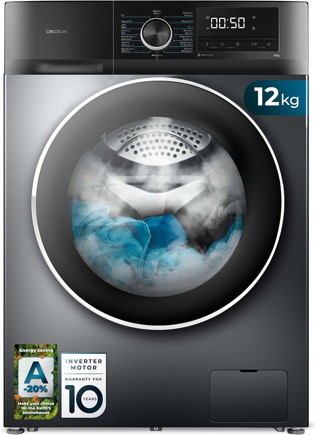 Cecotec Waschmaschine 12 kg Frontlader Bolero DressCode 12500 Inverter Steel A, Bett, Automatisch, 20 °C