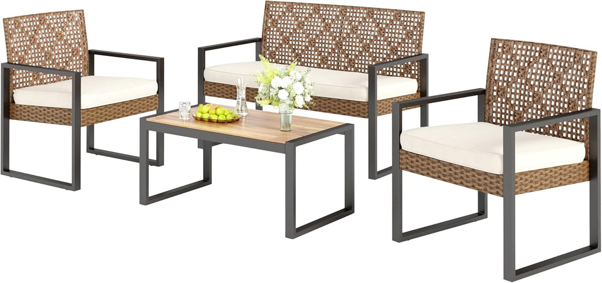 PHI VILLA Gartenmöbel Balkonmöbel Set mit 1 × 2-Sitzer Sofa, Sessel, Holztisch, Outdoor