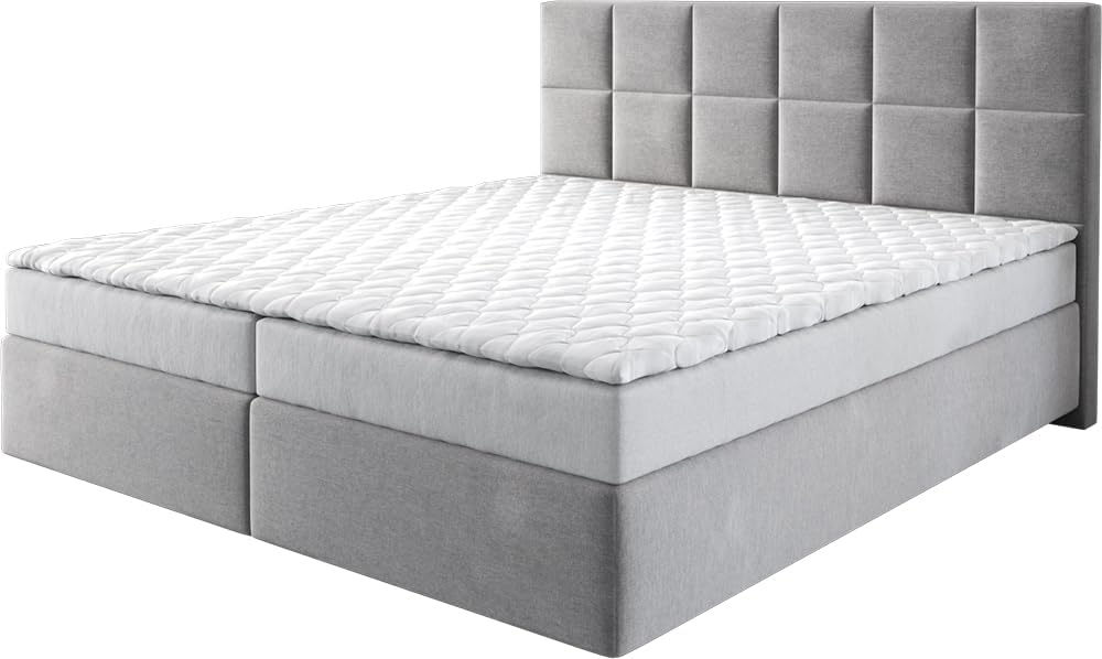 DELIFE Boxspringbett Dream-Fine Mikrofaser Grau 180 × 200 cm mit Matratze und Topper, Quadratisch, Schlafzimmer, 56 cm, 3 cm, 30 °C, 26 kg
