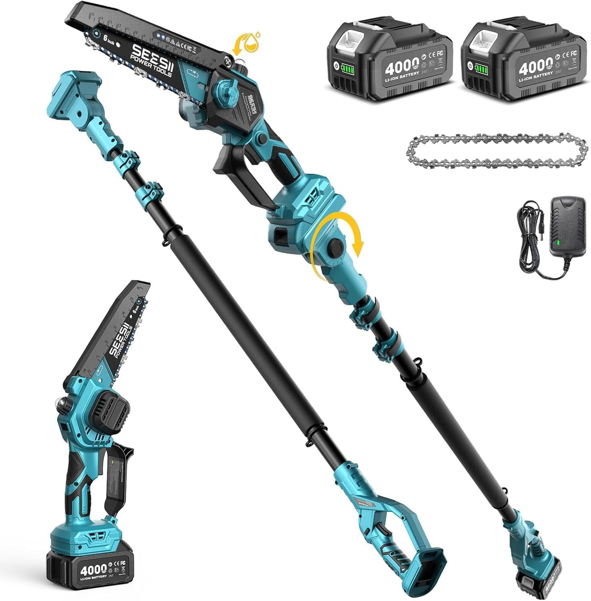 SEESII 2-in-1 Akku Hochentaster, Kettensäge, Handkettensäge, Garten, 4000 mAh, 60-80 Minuten, 18 V, 2,81 kg
