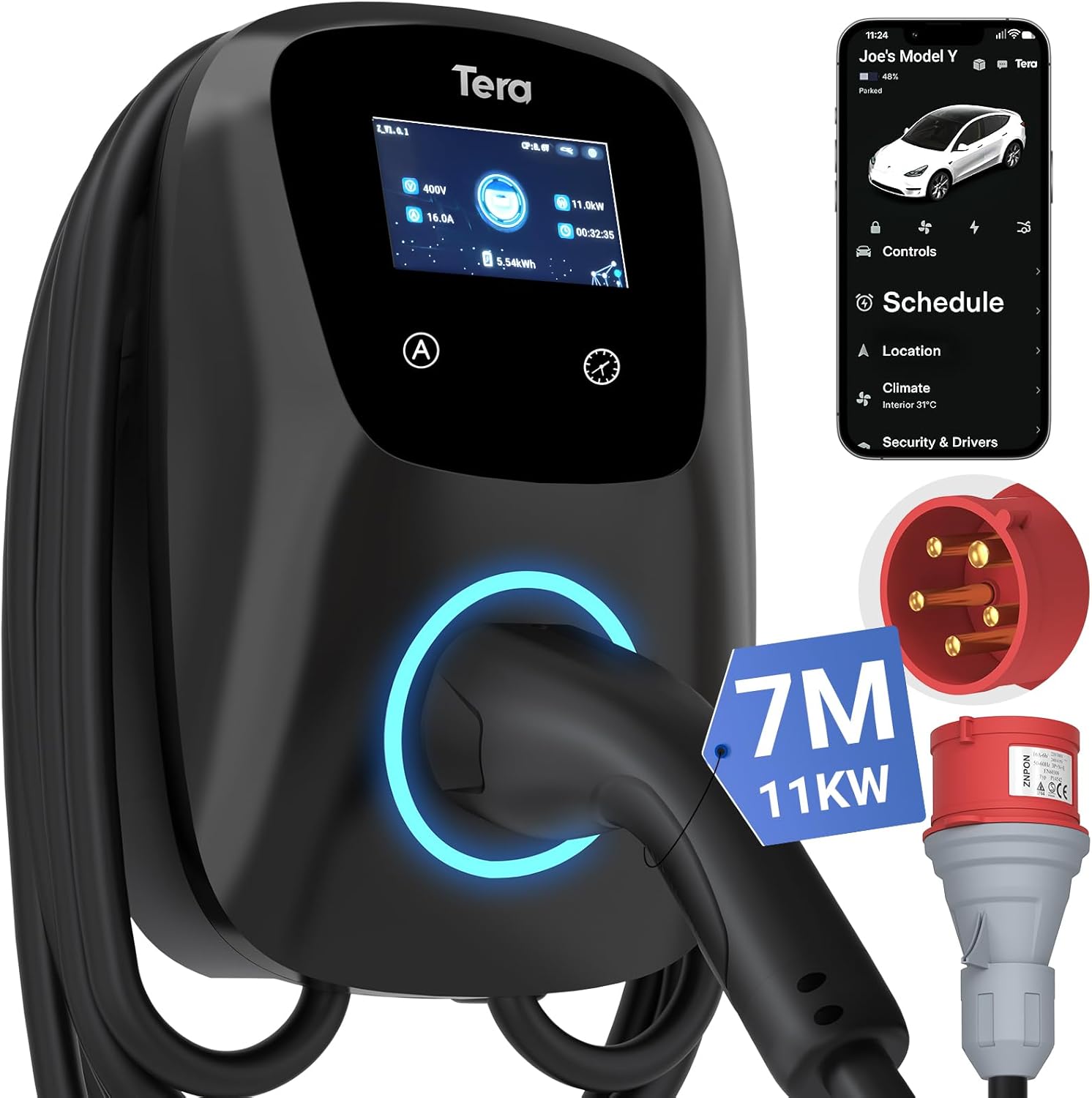 Tera Smart EV Ladegerät Typ 2 Wallbox mit APP 11 kW 16A 400 V CE&TÜV mit Wlan &, 30 °C, 50 °C, 22 kW, LED, IP54