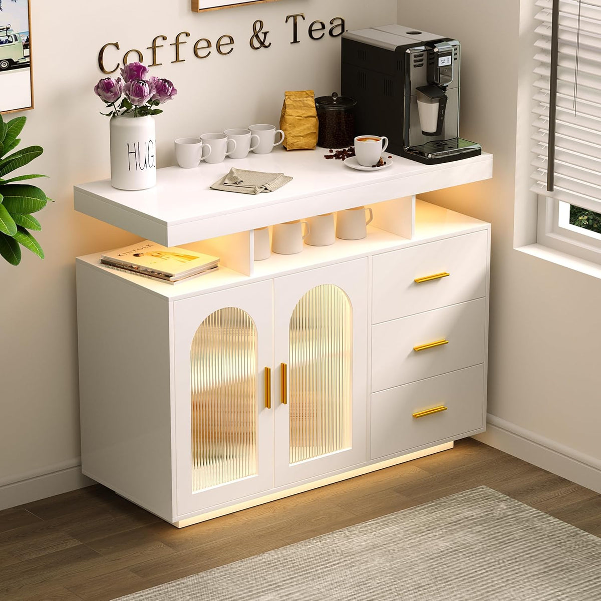 FREDEES küchenschrank Sideboard mit 3 Schubladen, Buffetschrank, Buffet-tisch, 100 cm, 40 cm, 80 cm, LED